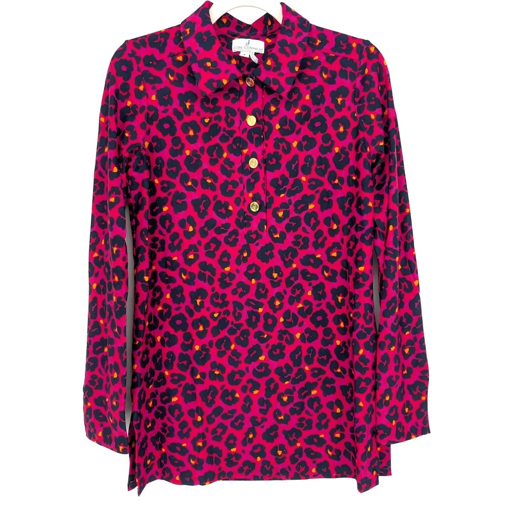 Jude Connally Pink Animal Print Collared Gold Button Jude Cloth Tunic Small